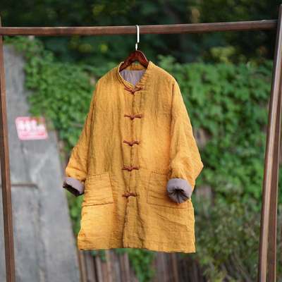 303/305 冬款色织亚麻加厚棉 手工缝线中长款棉衣大口袋棉服棉袄