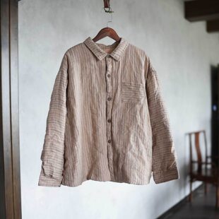 292好看入冬百搭款高品质色织条纹亚麻文艺衬衫棉衣复古棉服女