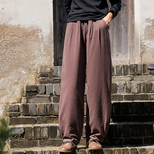 女士加厚棉麻灯笼通勤棉裤 文艺纯色复古夹棉长裤 棉麻女装 秋冬新款