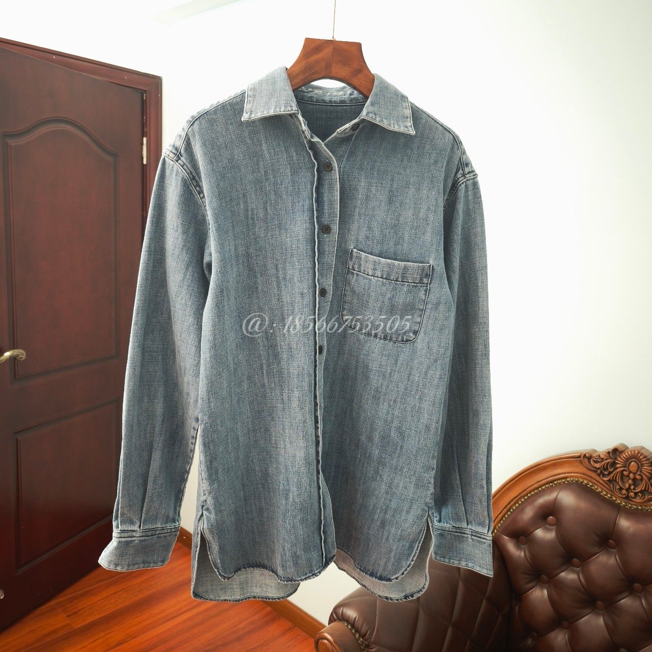 早秋做旧水洗牛仔廓形落肩翻领休闲衬衫色织亚麻宽松挺适时髦上衣