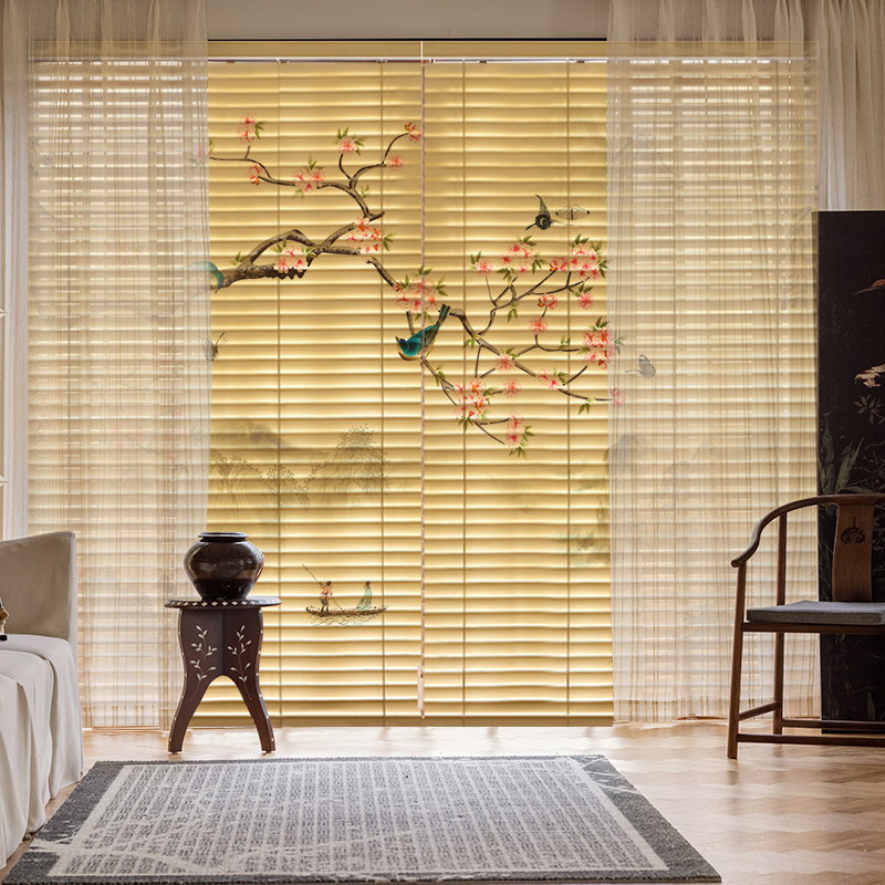 实木百叶窗帘竹子木质电动升降遮阳遮光书房客餐厅办公室印花卷帘