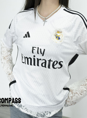 Adidas三叶草 Remake Jerseyfit蕾丝花边 皇马 长袖T恤 ENCOMPASS