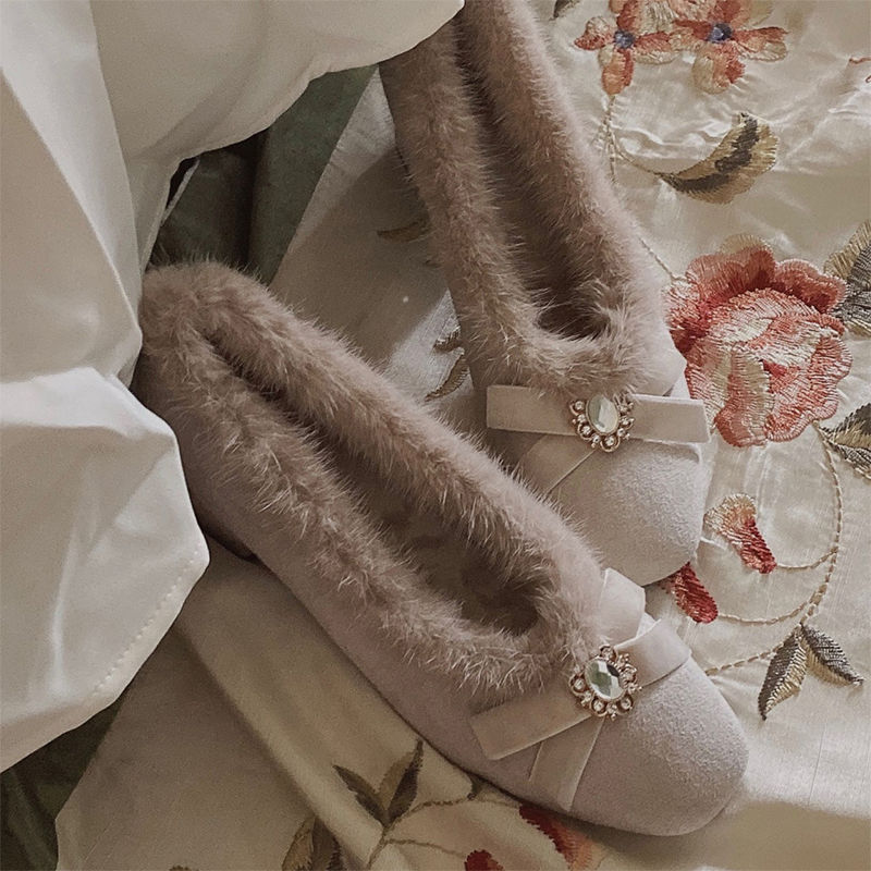 加绒保暖白色棉鞋法式单鞋