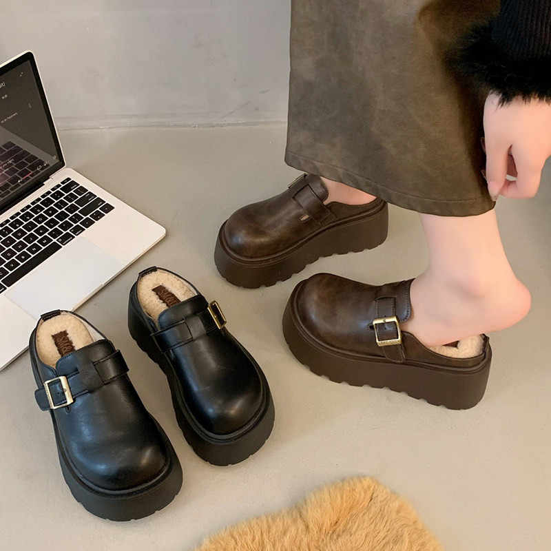 厚底增高勃肯鞋女加绒包头半拖鞋