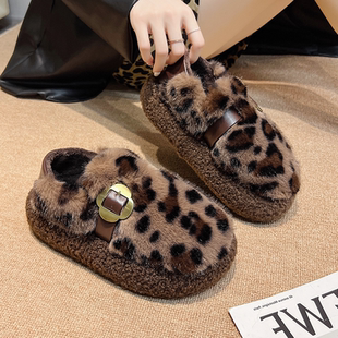 网红豹纹毛毛鞋女款2025新款冬季外穿家居保暖棉鞋厚底包跟棉拖鞋