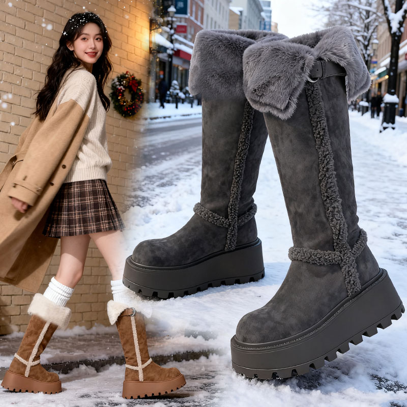 加厚保暖翻毛皮带扣中长筒棉鞋