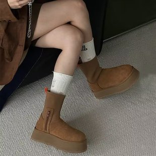 弹力袜筒靴厚底中跟皮毛一体雪地靴2025冬季新款加绒加厚棉靴