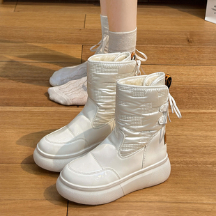 厚底东北雪地靴女皮面棉靴防水保暖中筒靴子2024冬季 百搭面包棉鞋