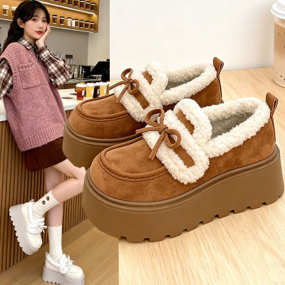 蝴蝶结厚底加绒勃肯棉鞋子女