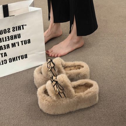 增高7cm小个子毛毛棉拖鞋女2025秋冬新款蝴蝶结百搭网红居家外穿