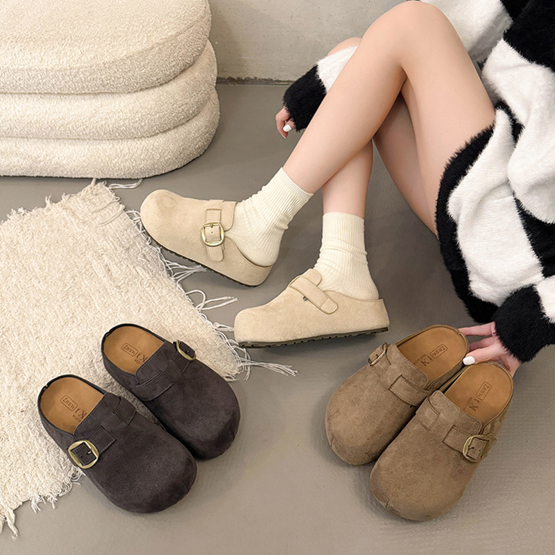 复古爆款法式厚底半拖勃肯鞋女2026新款秋冬百搭小个子增高包头拖