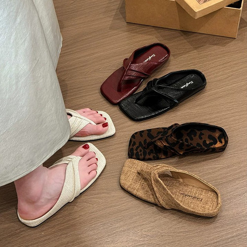 复古平底方头夹脚人字拖女夏外穿