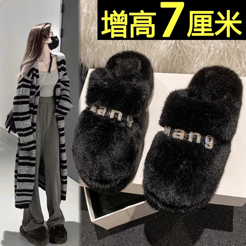 网红高级感欧货黑色毛绒半拖鞋