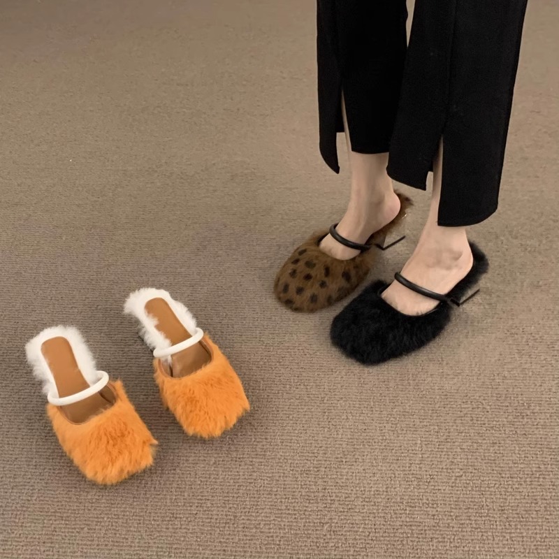 设计感小众豹纹包头半拖毛毛鞋