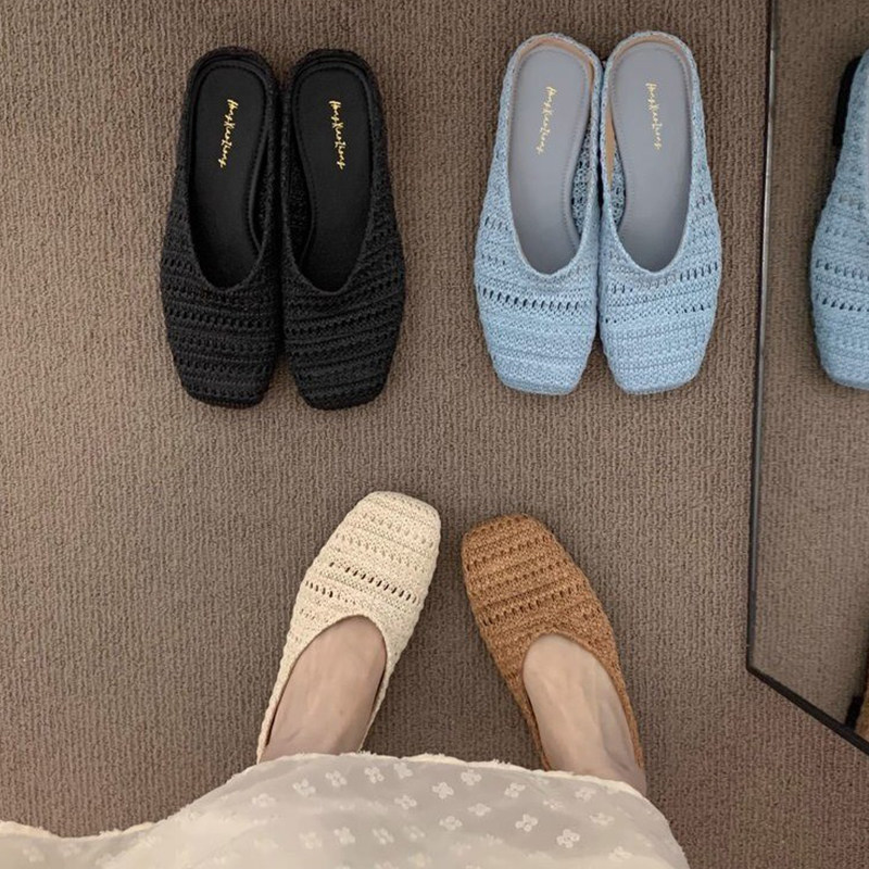 平底包头半拖鞋女鞋子复古夏晚晚风配裙子编织后空一脚蹬凉鞋单鞋