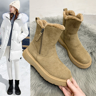 雪地靴女皮毛一体冬季 子 学生加绒加厚东北厚底马丁靴保暖中筒棉鞋