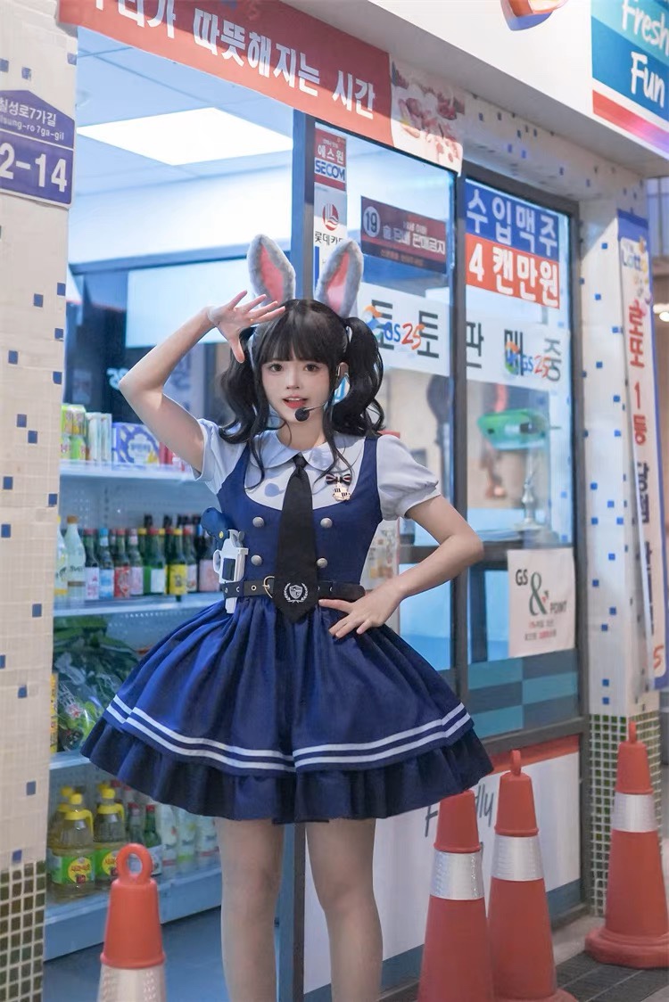 兔子警官学院风假两件领带娃娃领连衣裙