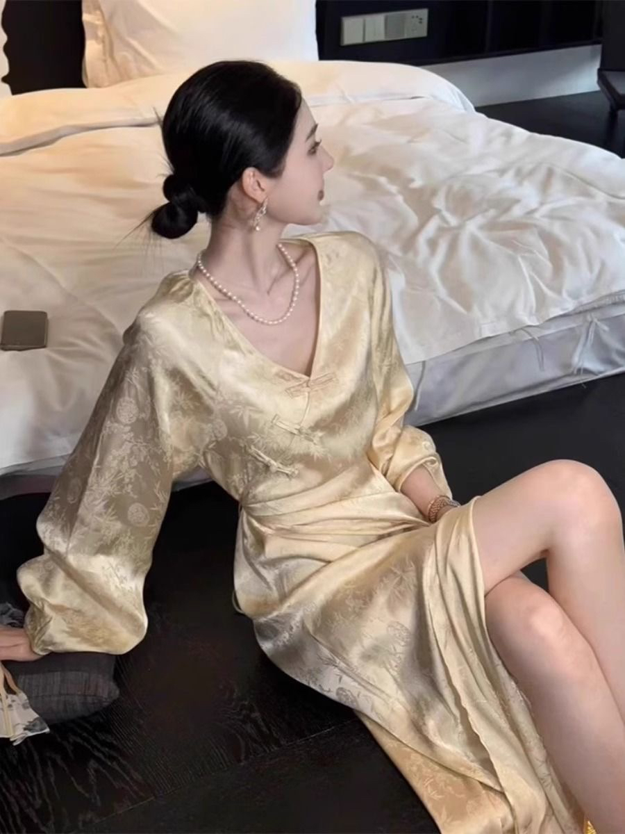 s back shadow新中式国风黄色改良旗袍长裙气质高端超好看连衣裙