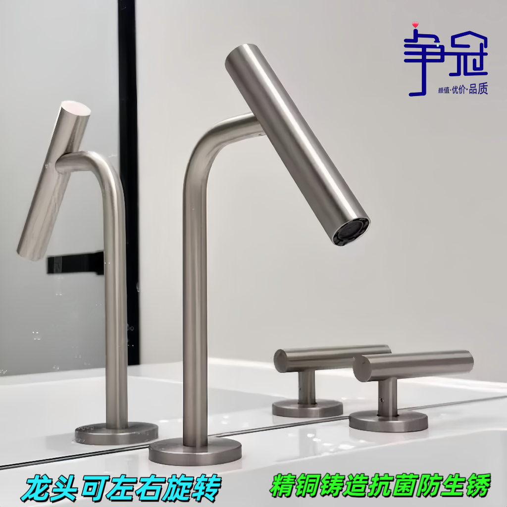 争冠卫浴｜纯铜极简浴室柜水龙头拉丝面盆洗脸池卫生间