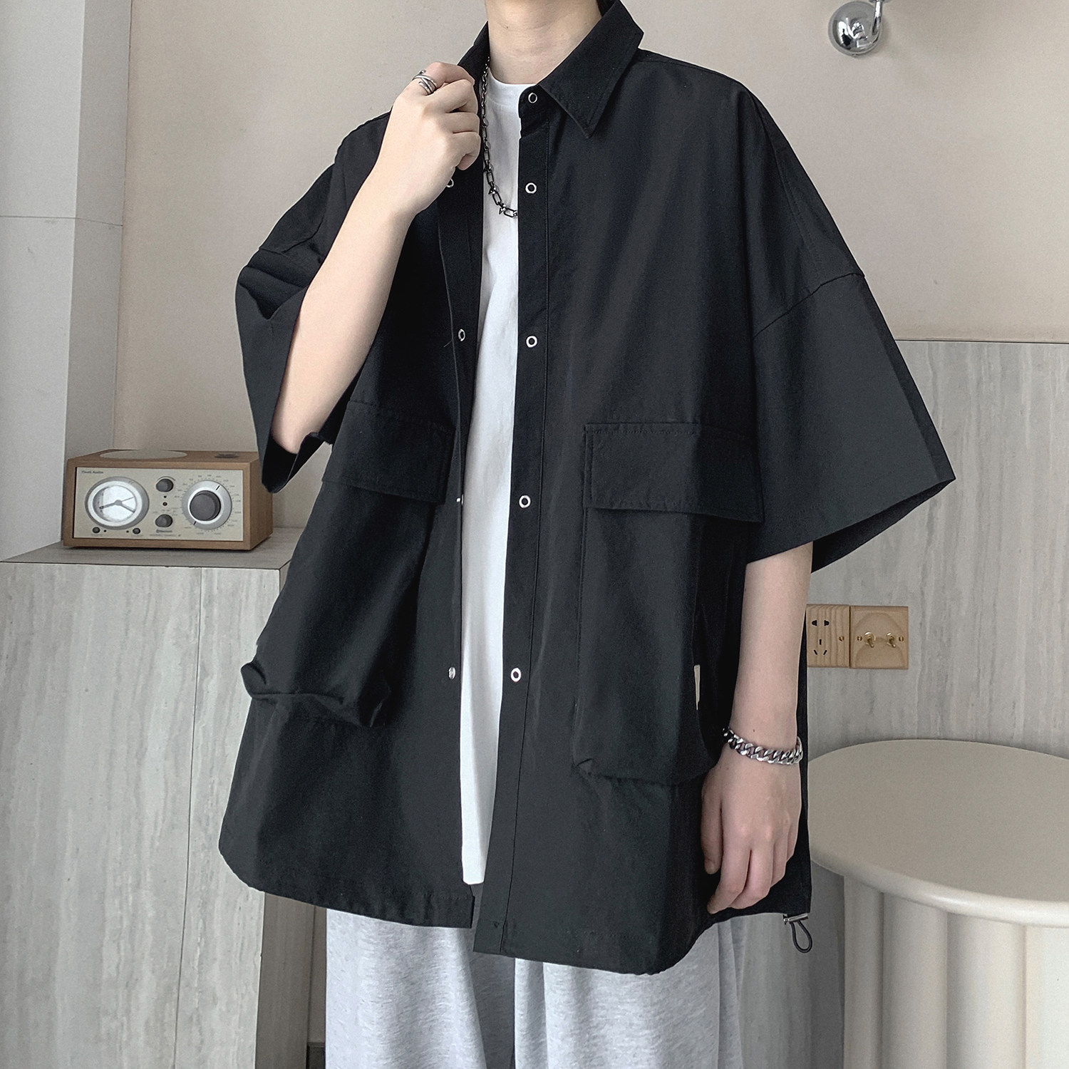 夏季新款大口袋短袖衬衫A336-DX80-P55-限价78（100聚酯纤维）,男装衬衫,电商A336