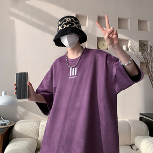 wassup happy麂皮绒短袖t恤男夏季潮牌青少年简约宽松半截袖体恤图片