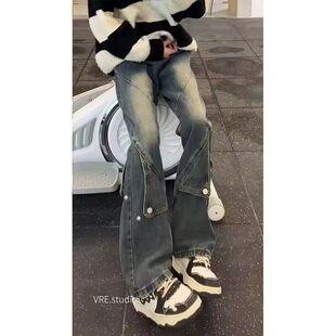 黑色微喇工装 特P45 1100 子 男直筒宽松美式 高街裤 牛仔裤 A336