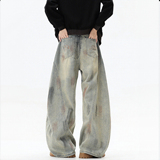 wassuphappy美式弯刀牛仔裤男春秋季宽松水洗直筒裤阔腿休闲裤子，男装牛仔裤，电商A336