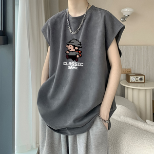 美式短袖T恤男款夏季麂皮绒重磅宽松大码潮牌ins纯棉卡通印花半袖,男装背心/马甲,电商A336