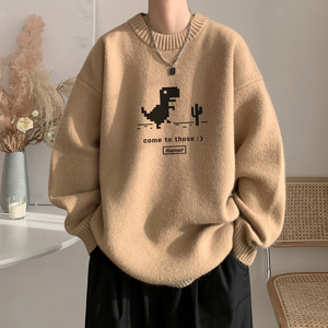 慵懒风毛衣男生秋季少年感字母印花设计圆领上衣复古小众简约外套图片