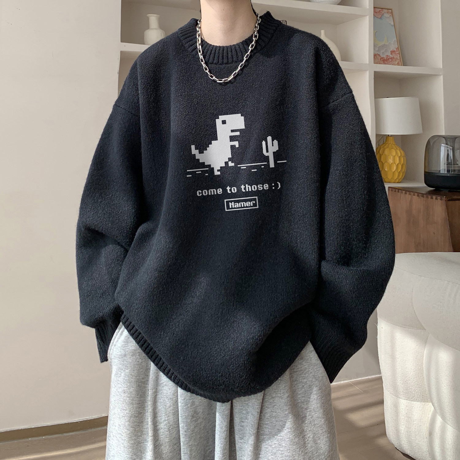 慵懒风毛衣男生秋季少年感字母印花设计圆领上衣复古小众简约外套,男装针织衫/毛衣,电商A336