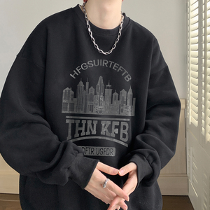 WASSUP HAPPY杏色美式复古卫衣男秋季潮牌宽松情侣加绒重磅上衣服图片