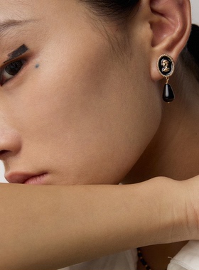 S925纯银复古黑色滴釉仿玛瑙耳环小众轻奢高级感法式宫廷风耳饰女