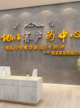 公司前台背景墙面装饰设计效果图办公室布置企业文化励志标语贴纸