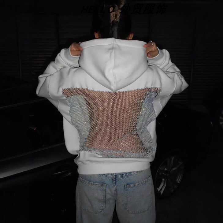Backless Hollow-Out Mesh Hooded Sweatshirt镂空网纱连帽衫卫衣