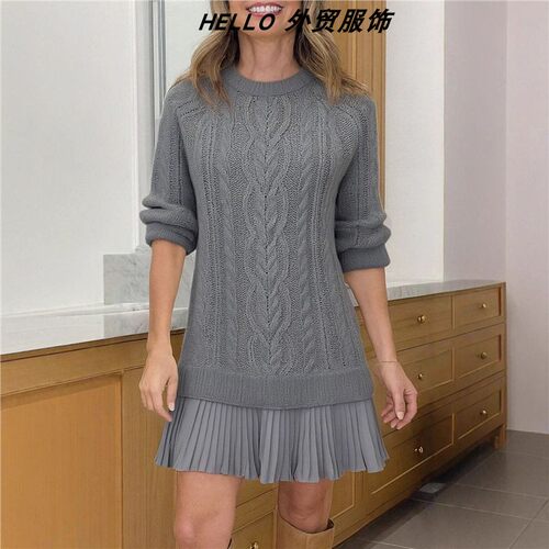 Crew Neck Cable Knit Spliced Sweet Dress 圆领麻花针织连衣裙