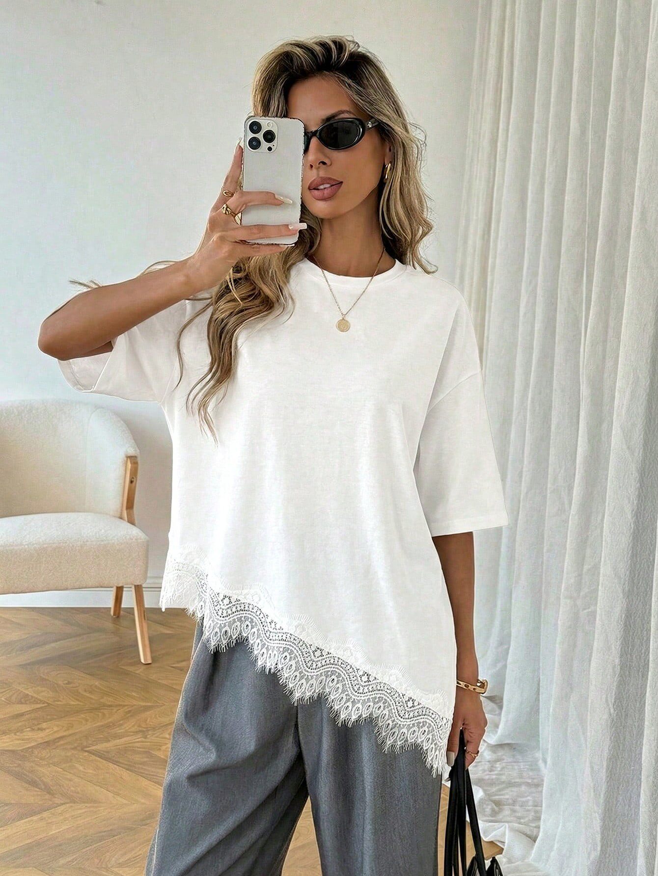 2026 New fashion sexy lace up short T-shirt 蕾丝拼接短袖T恤