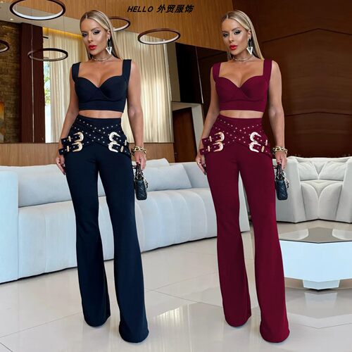 Sexy Casual Buttoned Top and Long Pants Set 时尚性感休闲套装