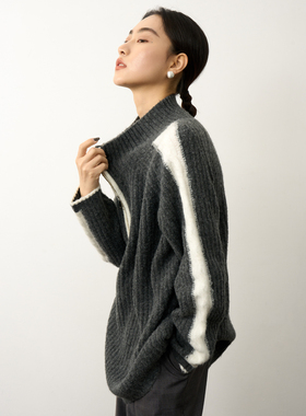 LION&CAT正品2023秋冬新款拼色立领毛衣保暖毛衣6%羊毛308301#