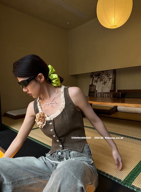 ievable】复古甜辣蕾丝花边拼接短款背心(配胸花)  FA60131#  ZXL