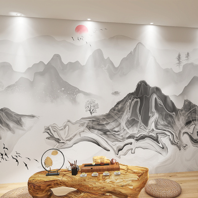 新中式山峰水墨画墙纸古典客厅沙发电视背景办公室3d