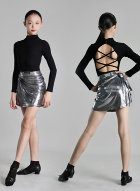 YSX云舒袖|儿童拉丁舞服银色围裹裙高档黑色上衣美背分体训练服