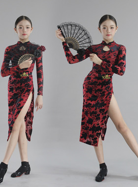 YSX 云舒袖|国风植绒长袖旗袍拉丁舞班服表演服分体套装新款