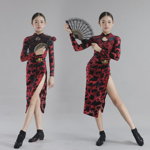 YSX 云舒袖|国风植绒长袖旗袍拉丁舞班服表演服分体套装新款