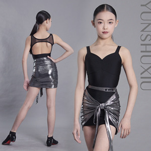 YSX云舒袖|儿童拉丁舞练功服闪光液态银面料美背无袖吊带分体套装