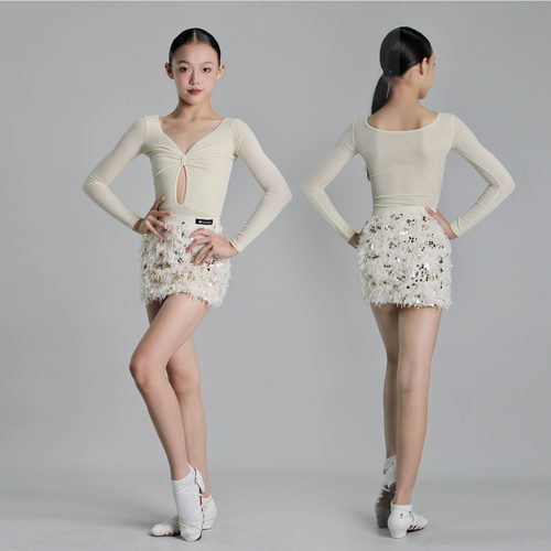 YSX云舒袖|儿童拉丁舞蹈服练功服哑光超薄绒显白羽毛亮片表演服