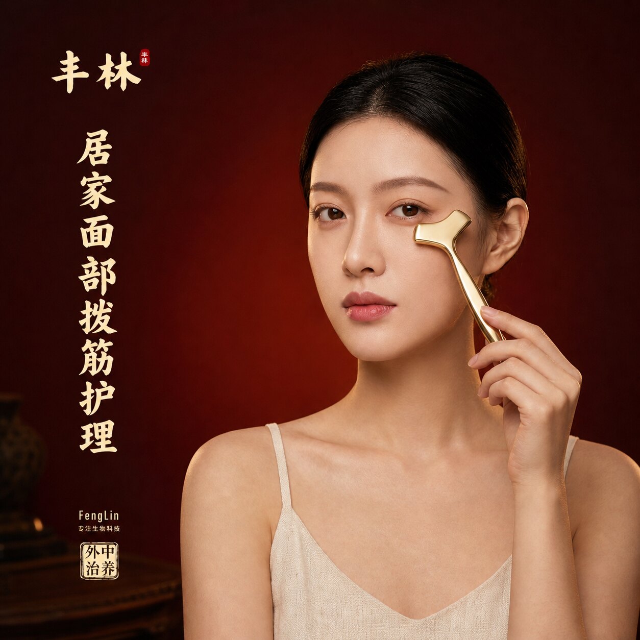 丰林黄铜面部刮痧板点穴按摩棒专用长柄拨筋笔家用日常护理工具