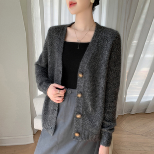 轻柔康宝莱纱线~桑蚕丝山羊绒开衫女V领针织外套春季新款外搭毛衣