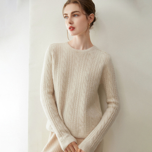 马鞍肩麻花纹圆领100%山羊绒衫女长袖套头针织毛衣宽松遮肉打底衫