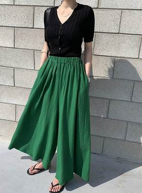 韩版秋季新品学生复古文艺范绿色松紧腰宽松显瘦阔腿休闲九分裤女