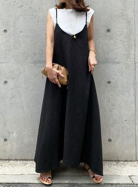 日系宽松V领黑色吊带长裙2022春夏新款无袖大摆气质A字过膝连衣裙